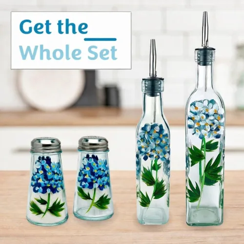 Vista 4 de Juego de salero y pimentero de hortensias azules cónicas pintadas a mano