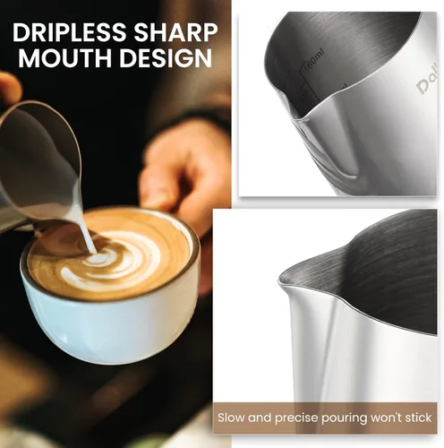 Vista 4 de Dailyart - Jarra espumadora de leche de 6.8 oz6.8 fl oz, acero inoxidable 304, con escala interna, accesorios de espresso, jarras espumadoras