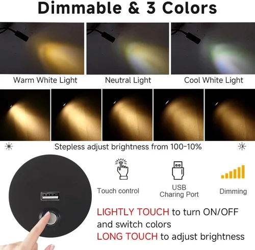 Vista 2 de Luz de lectura regulable montada en la pared con puerto de carga USB, luz de lectura LED enchufable, lámparas de pared con cuello de cisne flexible