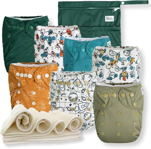 Vista 17 de Nora's Nursery Pañales de tela, paquete de 7 con 7 insertos y 1 bolsa húmeda, funda impermeable, lavable, reutilizable y pañales de bolsillo