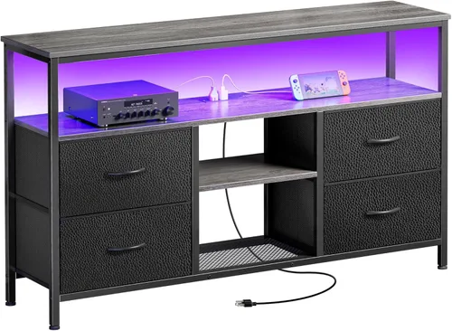 Vista 15 de Huuger - Soporte de TV de 47 pulgadas con tomacorrientes y luces LED, cómoda de tela para dormitorio con almacenamiento, centro de entretenimiento
