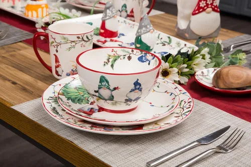 Vista 5 de Bico Juego de 4 platos de ensalada de gnomos de Navidad, platos de postre de cerámica de 8.75 pulgadas para ensalada, aperitivo, guarniciones