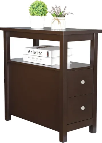 Vista 4 de LEMY Mesa auxiliar de madera con cajón y estante de almacenamiento, muebles de sala de estar, mesa auxiliar delgada para sofá, perfecta