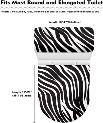 Vista 5 de Cubierta de asiento de inodoro con estampado de cebra, cubierta de tapa de tanque de inodoro ovalada negra, alargada, redonda, repuesto