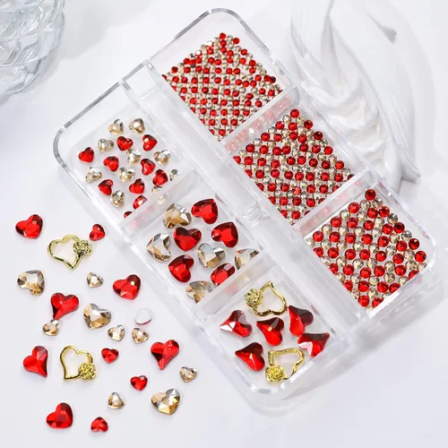 Vista 4 de 767 piezas de dijes de arte de uñas de corazón rojo, gemas de amor, decoración de San Valentín, cuentas redondas de oro rojo 3D, diseño de diamantes