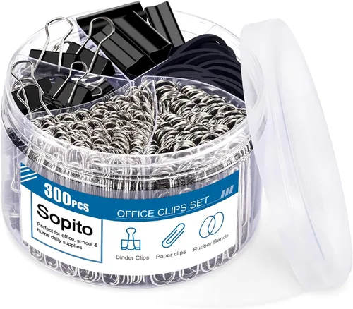 Sopito - Clips para carpeta, juego de 300 clips de oficina con abrazaderas de papel, bandas de goma para suministros de oficina y escuela, varios