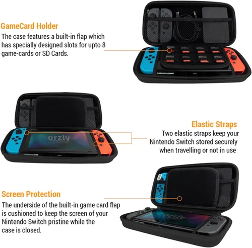 Vista 4 de Orzly Funda de transporte compatible con Nintendo Switch y la nueva consola OLED de Switch - Funda protectora de viaje portátil con bolsillos