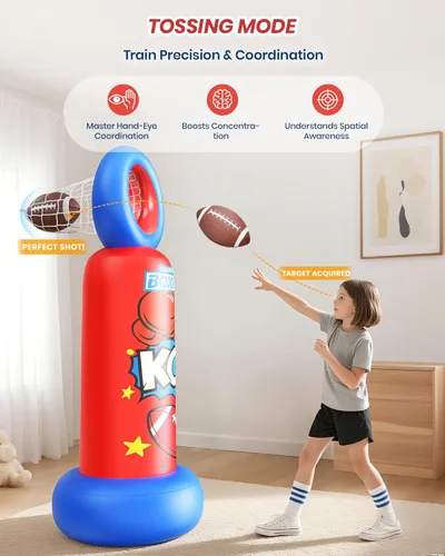 Vista 3 de Saco de boxeo inflable para niños, bolsa de boxeo independiente 2 en 1 con juego de lanzamiento de fútbol, juguete de karate taekwondo resistente