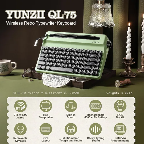 Vista 3 de YUNZII QL75 Wireless Typewriter Retro Mechanical Keyboard(Green, Cocoa Cream V2 Switch),Spring Tea Keycap Cherry(Cherry Profile, Spring Tea)