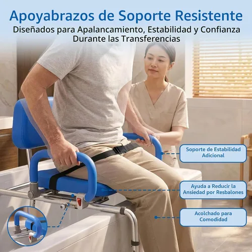 Vista 9 de Banco de transferencia deslizable para ducha con asiento giratorio Carousel, bariátrico, acolchado premium con apoyabrazos giratorios, alta Azul