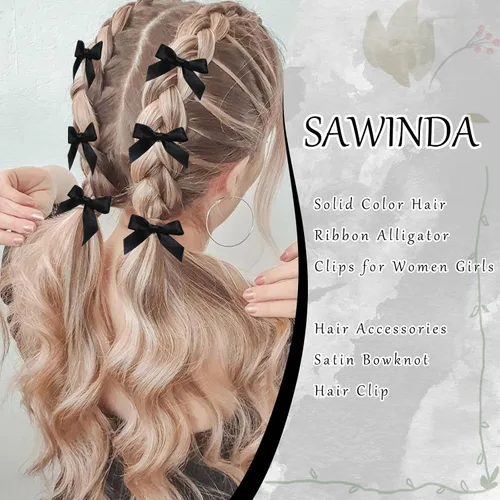 Vista 3 de 20 piezas de lazos negros para el cabello con cinta, clips tipo cocodrilo para el cabello, pasadores para el cabello para adolescentes, pinzas