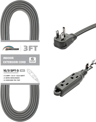 Vista 21 de Cable de extensión de enchufe plano de 3 tomas, certificado UL, cable de extensión para interiores de 16 calibre 1 pie negro de 3 puntas, tira