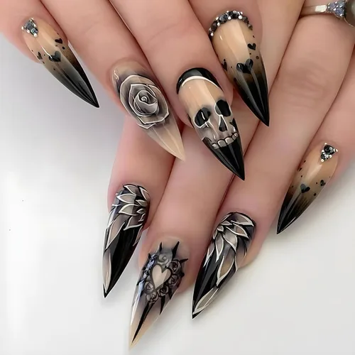 Vista 43 de Paquete de 6 144 uñas acrílicas de Halloween a presión, uñas postizas reutilizables de cobertura completa, uñas postizas adhesivas con pegamento