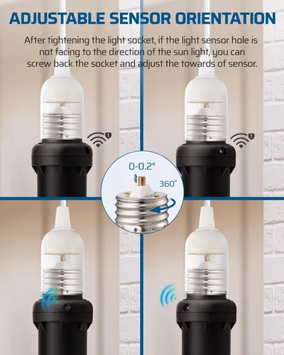 Vista 3 de DEWENWILS Toma de sensor de luz, adaptador de enchufe de luz E26/E27, rotación de sensor de 360°, enchufes de bombilla del atardecer al amanecer