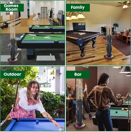 Vista 5 de Soporte de piso para taco de billar de madera, organizador de sala de juegos, con capacidad para 9 tacos, juego completo de bolas y accesorios