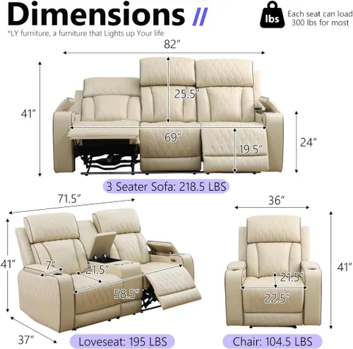 Vista 2 de Juego de sofá reclinable eléctrico, juego de sofá y silla reclinable de cuero, juegos de muebles de sala de estar, muebles de lujo de 3 piezas
