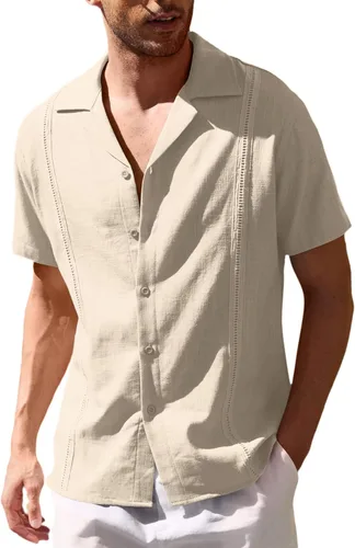 COOFANDY Camisas de lino para hombre, camisa de guayabera cubana casual, camisas de playa de manga corta