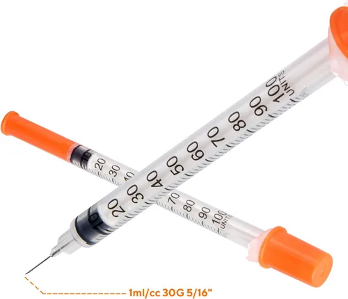 Vista 5 de Paquete de 30 jeringas U-100, 30G, 5/16" (8mm), 1ml/cc, jeringas desechables, envueltas individualmente