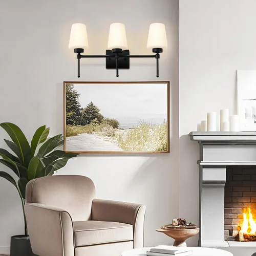 Vista 8 de Lámparas de tocador de baño, color negro cepillado sobre espejo con pantalla de vidrio de leche, lámpara de iluminación de pared, lámpara de baño