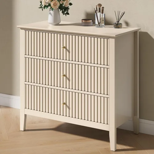 Vista 23 de RoyalCraft Cómoda de 6 cajones con espejo iluminado, cómoda de madera moderna acanalada beige, cómoda larga para almacenamiento en el dormitorio