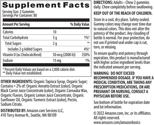 Vista 5 de Amazon Basics Vitamina D3 2000 UI Gomitas, naranja, limón y fresa, 160 unidades (2 por porción) (anteriormente Solimo)