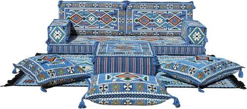 arabicsofa Sofá Tradicional Árabe para Piso – Juego de Cojines Modulares para Sala de Estar Azul