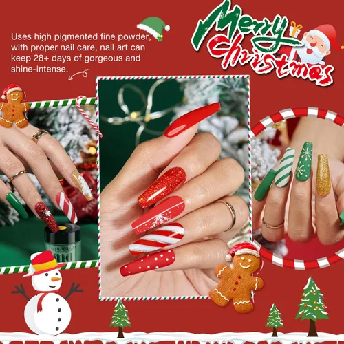 Vista 2 de Azurebeauty - Kit de uñas de inmersión para Navidad, 4 colores, rojo, verde, oro con brillo, sistema de polvo de inmersión, bandeja de reciclaje