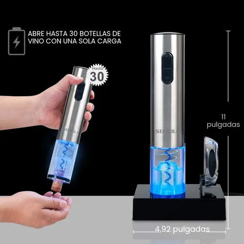 Vista 4 de Destapador de vinos eléctrico de acero inoxidable Secura con cortador de cápsula de aluminio, Acero inoxidable