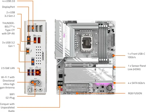 Vista 7 de GIGABYTE Z890 AORUS Elite WIFI7 ICE Intel Core Ultra (Serie 2) placa base LGA 1851, ATX, DDR5, 3X M.2, PCIe 5.0, Thunderbolt 4, WIFI7, 2.5GbE LAN