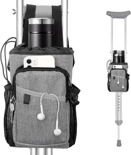 Bolsa de accesorios para muletas, bolsa con cremallera resistente al agua con soporte para bebidas, bolsa ligera de almacenamiento para muletas para