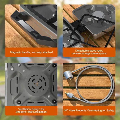 Vista 6 de Estufa de campamento plegable de 2 quemadores de 27000 BTUs con parabrisas, estufa de camping portátil con quemadores ajustables y bolsa