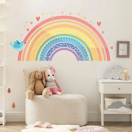 Vista 3 de Calcomanías de pared de arcoíris para dormitorio de niñas, decoración de pared extraíble, papel tapiz autoadhesivo para guardería, sala