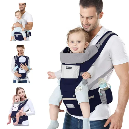 Portabebés para recién nacidos a niños pequeños, con asiento de cadera, portabebés tipo canguro para hombres, mujeres, papá, mamá (azul oscuro)