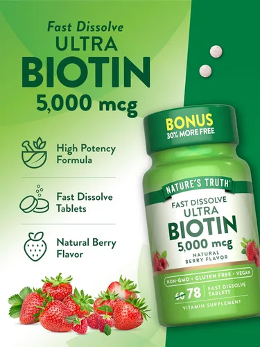 Vista 5 de Nature's Truth Biotin 5000mcg 78 tabletas de disolución rápida Sabor natural de bayas Vegano, sin OMG y sin gluten