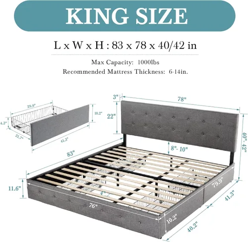 Vista 113 de HOOMIC Base de cama de almacenamiento de plataforma de tamaño matrimonial con 4 cajones y cabecera ajustable, listones de madera, no necesita