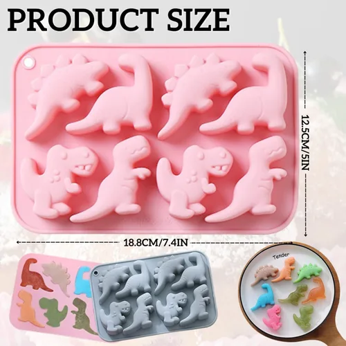Vista 2 de Crethinkaty Moldes de silicona de grado alimenticio de dinosaurio, 8 cavidades de chocolate duro para caramelos de hielo, molde de silicona