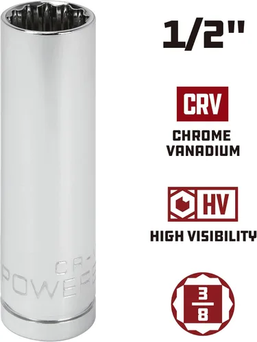 Vista 2 de Powerbuilt 3/8 de pulgada x 1/2 pulgada SAE Deep Socket, 12 puntos, cromo-vanadio, marca de tamaño - 940046