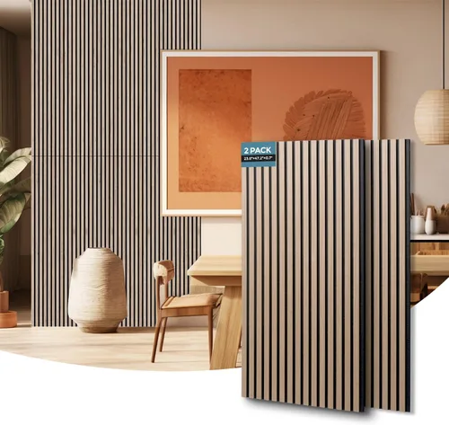 Vista 11 de AKUMAX Paquete de 2 paneles acústicos, listones de madera para pared y techo, paneles de espuma acústica de 96 x 24 pulgadas, paneles de pared 3D