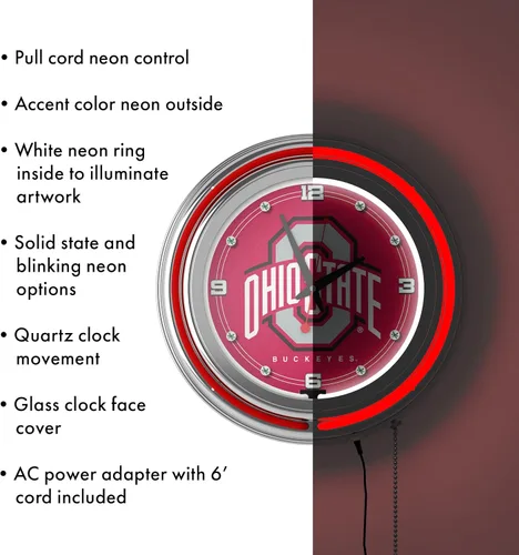 Vista 5 de Reloj de neón - Reloj de pared analógico retro con logotipo de la Universidad Estatal de Ohio y cadena de tracción - Para cocina, garaje, sala