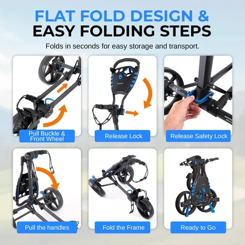 Vista 4 de SereneLife Carrito de Golf Ligero y Plegable - Carrito de Empuje de Golf Plegable de Aluminio con Mango Ajustable, Correas Elásticas para Bolsa