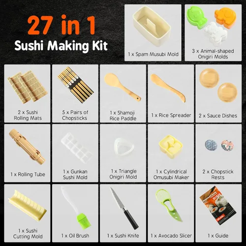 Vista 3 de Delamu Kit de fabricación de sushi, kit de rodillo de bazooker 22 en 1 con alfombrillas de bambú, cuchillo de chef, molde de arroz para sushi