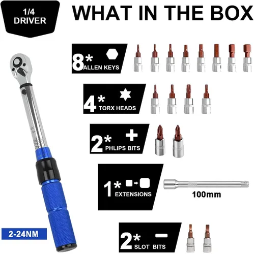 Vista 3 de COTOUXKER Juego de llaves dinamométricas para bicicleta, llave dinamométrica de 1/4 de pulgada de 2 a 24 Nm, kit de herramientas para bicicleta