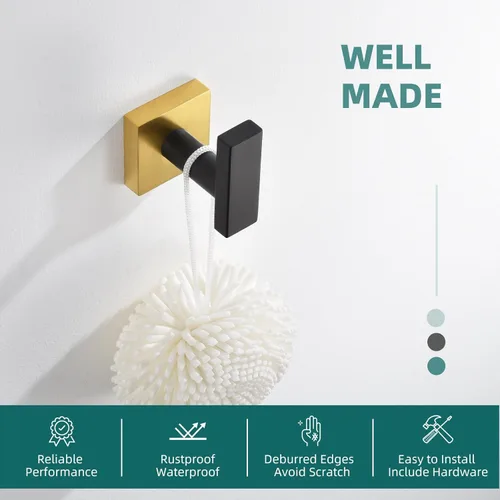 Vista 4 de Gancho de Toalla Angle Simple Negro & Oro, Soporte de Toalla de Baño de Acero Inoxidable, Gancho para Bata, Perchero de Toalla de Cocina, Montaje