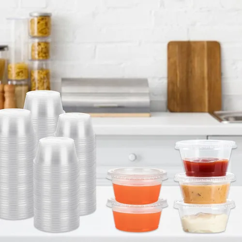 Vista 5 de 500 juegos de vasos de plástico desechables de 2 onzas Vasos de gelatina con tapa, tazas de plástico para soufflé Tazas de salsa con tapas a