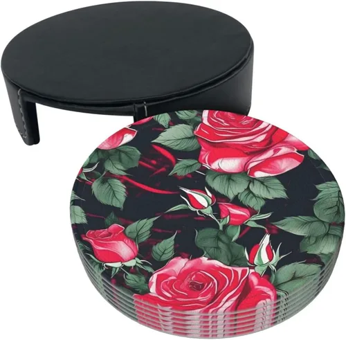 Vista 3 de Rose Flower Floral Leather Coasters for Drinks Set of 6 for Tabletop Protection, Elegant Home Decor & Housewarming Gift