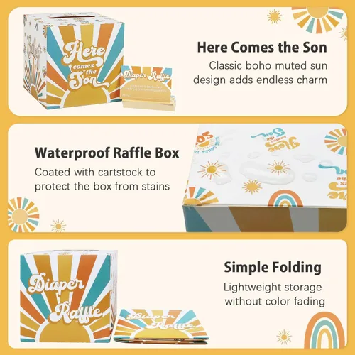 Vista 6 de 50 unidades de Here Comes the Son Baby Shower Decoraciones para Rifa de pañales con caja, caja de tarjetas Kraft Boho para sorteo de pañales