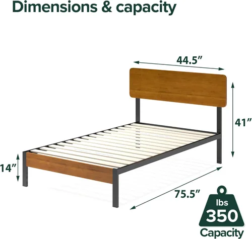 Vista 2 de ZINUS Olivia - Marco de cama de plataforma de metal y bambú, no necesita somier, soporte de listones de madera, fácil de montar, tamaño individual