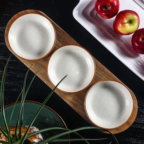 Vista 7 de Artena Juego de 6 Tazas de 177ml de Cerámica Sólida Turquesa para Chips y Dip con Bandeja de Madera de Acacia, Tazas de Servir Pequeñas de 11.4cm