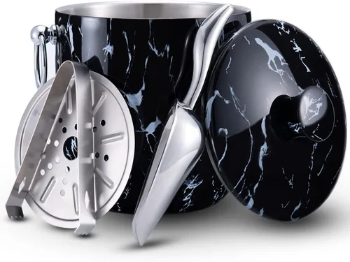 Cubo de hielo con tapa, cuchara, pinzas y colador, acero inoxidable aislado bien hecho, mantiene el hielo congelado durante más tiempo, ideal para