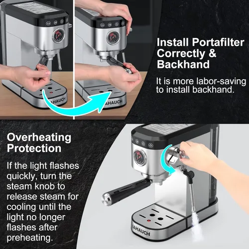 Vista 6 de Máquina de café expreso de 20 bares, cafetera profesional con espumador de leche, cafetera compacta con tanque de agua extraíble de 37 onzas